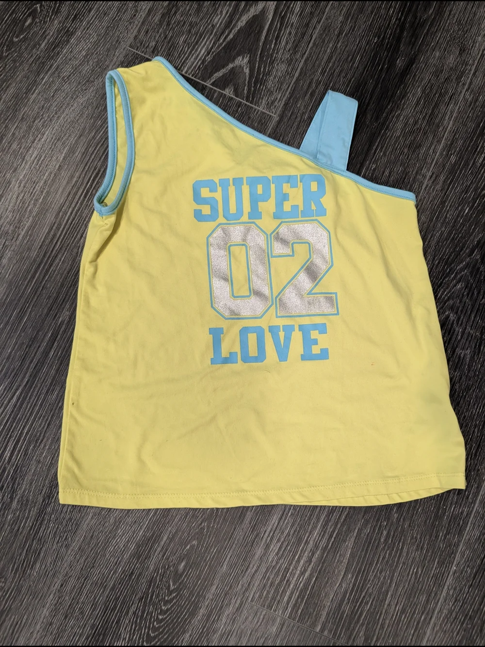 Forever 21 Yellow One-Shoulder Tank with Blue Trim & Silver '02'